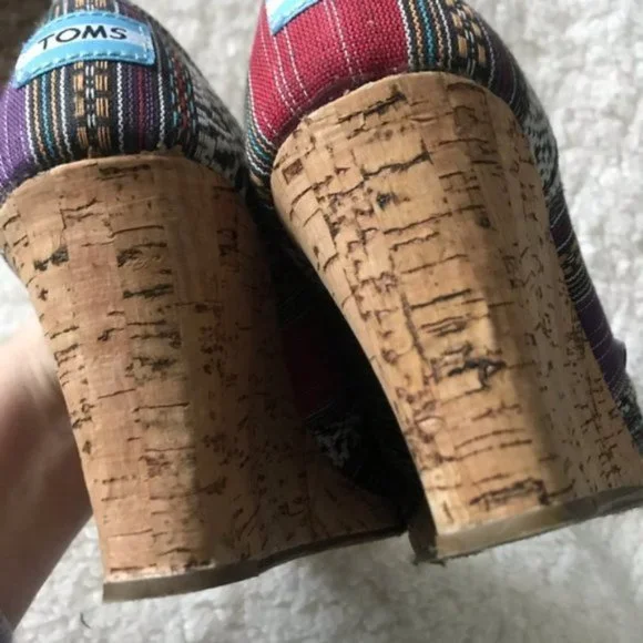 TOMS Open Toe Cork Wedges Canvas Navajo Stripe - Picture 8 of 15